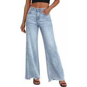 imageTrendy Queen Womens Wide Leg Jeans Stretchy High Waisted Straight Leg with Raw Hem Baggy Denim PantsLight Blue