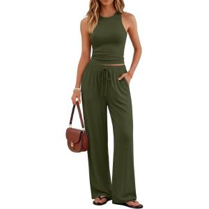imageTrendy Queen Womens 2 Piece Summer Lounge Sets Butter Soft Tank Top amp High Waisted Wide Leg Pants with PocketsArmy Green