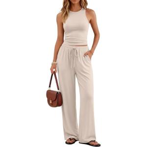 imageTrendy Queen Womens 2 Piece Summer Lounge Sets Butter Soft Tank Top amp High Waisted Wide Leg Pants with PocketsBeige