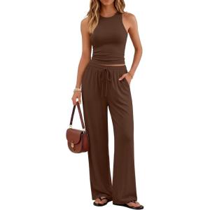 imageTrendy Queen Womens 2 Piece Summer Lounge Sets Butter Soft Tank Top amp High Waisted Wide Leg Pants with PocketsCoffee