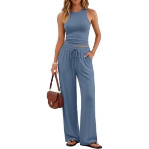 imageTrendy Queen Womens 2 Piece Summer Lounge Sets Butter Soft Tank Top amp High Waisted Wide Leg Pants with PocketsDusty Blue