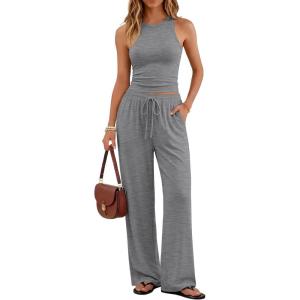 imageTrendy Queen Womens 2 Piece Summer Lounge Sets Butter Soft Tank Top amp High Waisted Wide Leg Pants with PocketsGrey