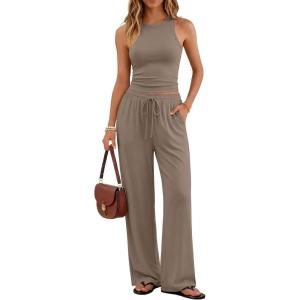 imageTrendy Queen Womens 2 Piece Summer Lounge Sets Butter Soft Tank Top amp High Waisted Wide Leg Pants with PocketsMocha