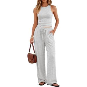 imageTrendy Queen Womens 2 Piece Summer Lounge Sets Butter Soft Tank Top amp High Waisted Wide Leg Pants with PocketsOatmeal Grey