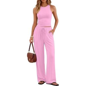 imageTrendy Queen Womens 2 Piece Summer Lounge Sets Butter Soft Tank Top amp High Waisted Wide Leg Pants with PocketsPink
