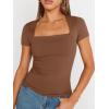 imageTrendy Queen Womens Square Neck Tops Double Lined Going Out Short Sleeve Shirts Slim Fit Cute TShirts Summer VacationCoffee
