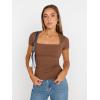 imageTrendy Queen Womens Square Neck Tops Double Lined Going Out Short Sleeve Shirts Slim Fit Cute TShirts Summer VacationCoffee