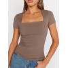 imageTrendy Queen Womens Square Neck Tops Double Lined Going Out Short Sleeve Shirts Slim Fit Cute TShirts Summer VacationCoffeegrey