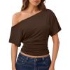 imageTrendy Queen Off the Shoulder Tops for Women 2026 Summer Short Sleeve Shirts Casual Cute Spring Clothes Y2k T ShirtsChocolate Brown