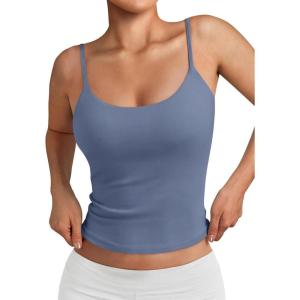 imageTrendy Queen Double Lined Adjustable Spaghetti Strap Tank Top for Women Cute Summer Basic Crop Top for Teen Workout Going OutBlue