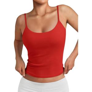 imageTrendy Queen Double Lined Adjustable Spaghetti Strap Tank Top for Women Cute Summer Basic Crop Top for Teen Workout Going OutRed