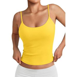 imageTrendy Queen Double Lined Adjustable Spaghetti Strap Tank Top for Women Cute Summer Basic Crop Top for Teen Workout Going OutYellow