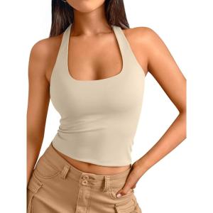 imageTrendy Queen Halter Tops for Women 2026 Summer Going Out Tops Backless Crop Sleeveless Workout Shirts Cute Y2k ClothesApricot