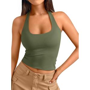 imageTrendy Queen Halter Tops for Women 2026 Summer Going Out Tops Backless Crop Sleeveless Workout Shirts Cute Y2k ClothesArmy Green