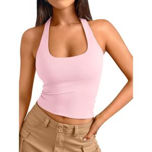 imageTrendy Queen Halter Tops for Women 2026 Summer Going Out Tops Backless Crop Sleeveless Workout Shirts Cute Y2k ClothesBabypink