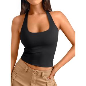 imageTrendy Queen Halter Tops for Women 2026 Summer Going Out Tops Backless Crop Sleeveless Workout Shirts Cute Y2k ClothesBlack