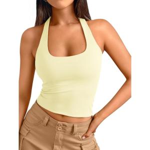 imageTrendy Queen Halter Tops for Women 2026 Summer Going Out Tops Backless Crop Sleeveless Workout Shirts Cute Y2k ClothesButter Yellow