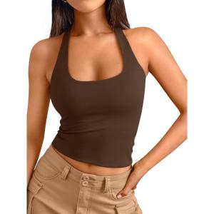 imageTrendy Queen Halter Tops for Women 2026 Summer Going Out Tops Backless Crop Sleeveless Workout Shirts Cute Y2k ClothesChocolate Brown