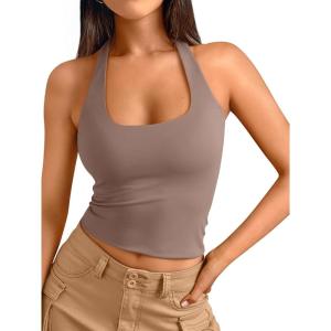 imageTrendy Queen Halter Tops for Women 2026 Summer Going Out Tops Backless Crop Sleeveless Workout Shirts Cute Y2k ClothesCoffeegrey