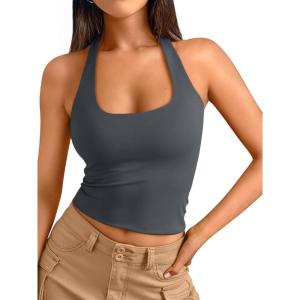 imageTrendy Queen Halter Tops for Women 2026 Summer Going Out Tops Backless Crop Sleeveless Workout Shirts Cute Y2k ClothesGreyblue