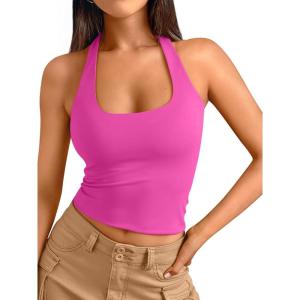 imageTrendy Queen Halter Tops for Women 2026 Summer Going Out Tops Backless Crop Sleeveless Workout Shirts Cute Y2k ClothesHot Pink