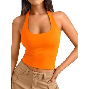 imageTrendy Queen Halter Tops for Women 2026 Summer Going Out Tops Backless Crop Sleeveless Workout Shirts Cute Y2k ClothesOrange