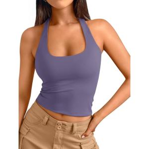 imageTrendy Queen Halter Tops for Women 2026 Summer Going Out Tops Backless Crop Sleeveless Workout Shirts Cute Y2k ClothesPurple