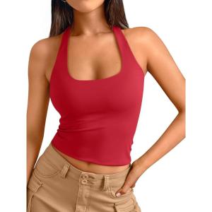 imageTrendy Queen Halter Tops for Women 2026 Summer Going Out Tops Backless Crop Sleeveless Workout Shirts Cute Y2k ClothesRed