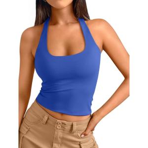 imageTrendy Queen Halter Tops for Women 2026 Summer Going Out Tops Backless Crop Sleeveless Workout Shirts Cute Y2k ClothesRoyal Blue