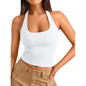 imageTrendy Queen Halter Tops for Women 2026 Summer Going Out Tops Backless Crop Sleeveless Workout Shirts Cute Y2k ClothesWhite