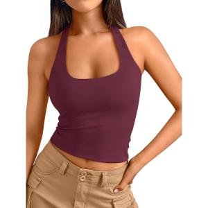 imageTrendy Queen Halter Tops for Women 2026 Summer Going Out Tops Backless Crop Sleeveless Workout Shirts Cute Y2k ClothesWine Red