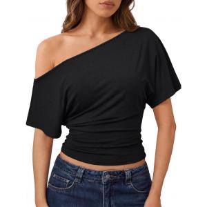 imageTrendy Queen Off the Shoulder Tops for Women 2026 Summer Short Sleeve Shirts Casual Cute Spring Clothes Y2k T ShirtsBlack