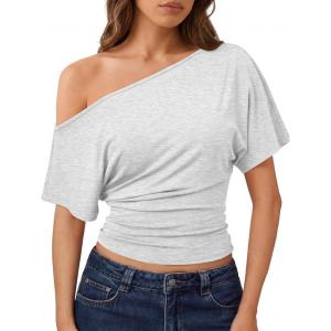 imageTrendy Queen Off the Shoulder Tops for Women 2026 Summer Short Sleeve Shirts Casual Cute Spring Clothes Y2k T ShirtsOatmeal Grey
