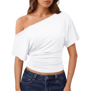 imageTrendy Queen Off the Shoulder Tops for Women 2026 Summer Short Sleeve Shirts Casual Cute Spring Clothes Y2k T ShirtsWhite