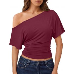 imageTrendy Queen Off the Shoulder Tops for Women 2026 Summer Short Sleeve Shirts Casual Cute Spring Clothes Y2k T ShirtsWine Red