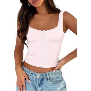 imageTrendy Queen Summer Tops for Women Teen Girls Cute Crop Tank Top Going Out Y2K Basic Bow Clothes Square Neck 2026 CamisolePink