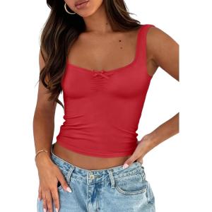 imageTrendy Queen Summer Tops for Women Teen Girls Cute Crop Tank Top Going Out Y2K Basic Bow Clothes Square Neck 2026 CamisoleRed