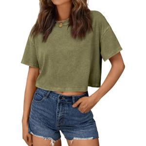 imageTrendy Queen Womens Crop Tops Short Sleeve TShirts Acid Wash Casual Summer Clothes Trendy Comfy 2026 Workout Baggy Soft TeesArmygreen