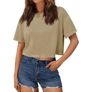imageTrendy Queen Womens Crop Tops Short Sleeve TShirts Acid Wash Casual Summer Clothes Trendy Comfy 2026 Workout Baggy Soft TeesKhaki