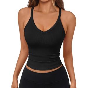 imageTrendy Queen Womens Racerback Ribbed Tank Tops Soft Stretch V Neck Workout Casual Tops Summer Sleeveless Crop CamisoleBlack