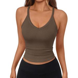 imageTrendy Queen Womens Racerback Ribbed Tank Tops Soft Stretch V Neck Workout Casual Tops Summer Sleeveless Crop CamisoleCoffee