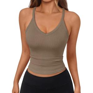 imageTrendy Queen Womens Racerback Ribbed Tank Tops Soft Stretch V Neck Workout Casual Tops Summer Sleeveless Crop CamisoleCoffeegrey