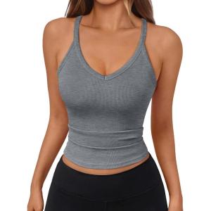 imageTrendy Queen Womens Racerback Ribbed Tank Tops Soft Stretch V Neck Workout Casual Tops Summer Sleeveless Crop CamisoleDarkgrey