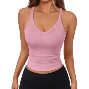 imageTrendy Queen Womens Racerback Ribbed Tank Tops Soft Stretch V Neck Workout Casual Tops Summer Sleeveless Crop CamisolePink