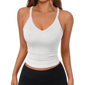 imageTrendy Queen Womens Racerback Ribbed Tank Tops Soft Stretch V Neck Workout Casual Tops Summer Sleeveless Crop CamisoleWhite