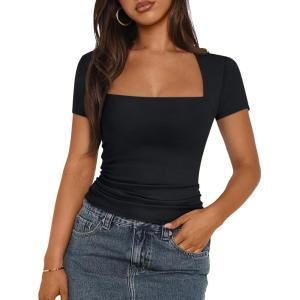imageTrendy Queen Womens Square Neck Tops Double Lined Going Out Short Sleeve Shirts Slim Fit Cute TShirts Summer VacationBlack