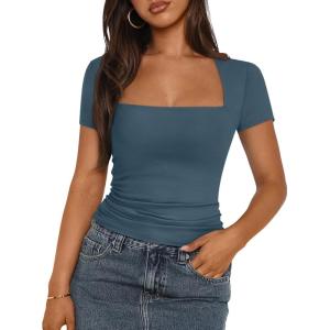 imageTrendy Queen Womens Square Neck Tops Double Lined Going Out Short Sleeve Shirts Slim Fit Cute TShirts Summer VacationHazeblue