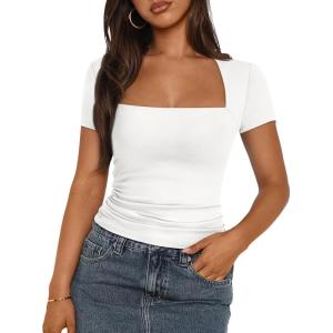 imageTrendy Queen Womens Square Neck Tops Double Lined Going Out Short Sleeve Shirts Slim Fit Cute TShirts Summer VacationWhite