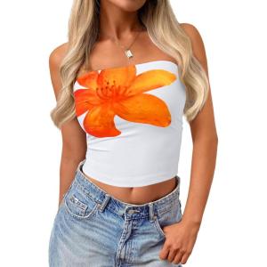 imageTrendy Queen Womens Y2K Tube Tops Butter Soft NonSlip Strapless Crop Top Stretchy Bandeau Summer ClothesOrange Flower