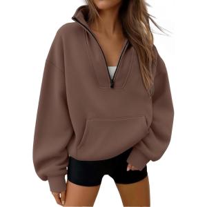 imageTrendy Queen Womens Sweatshirts Quarter Half Zip Pullover Hoodies Fall Fashion 2026 Winter Fleece Jackets SweatersBrown